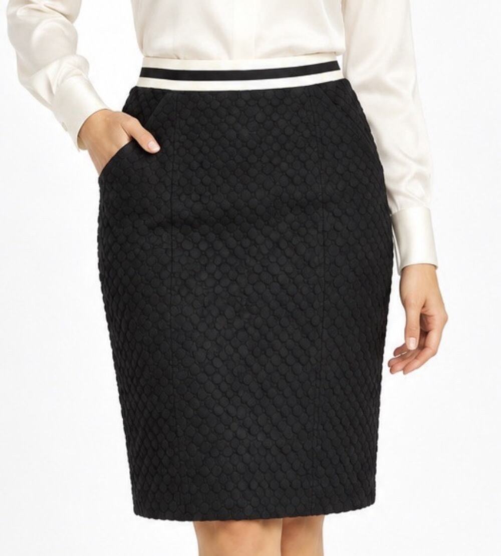 Milly Black With Ivory Side Zip Pockets Lined Back Slit Knee Length Skirt Sz 6
